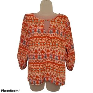 Peach Love California Orange Aztec Print Top Sz S